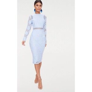 Light Blue Lace Floral Long Sleeve Midi Dress Size 2 Cottage Romantic Soft Girl